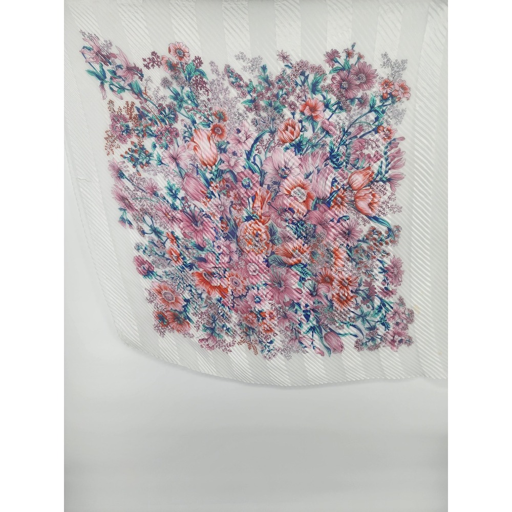 Sheer Floral Scarf White‎ Pleated Lightweight Square Neckerchief 
Wrap ~36x36"